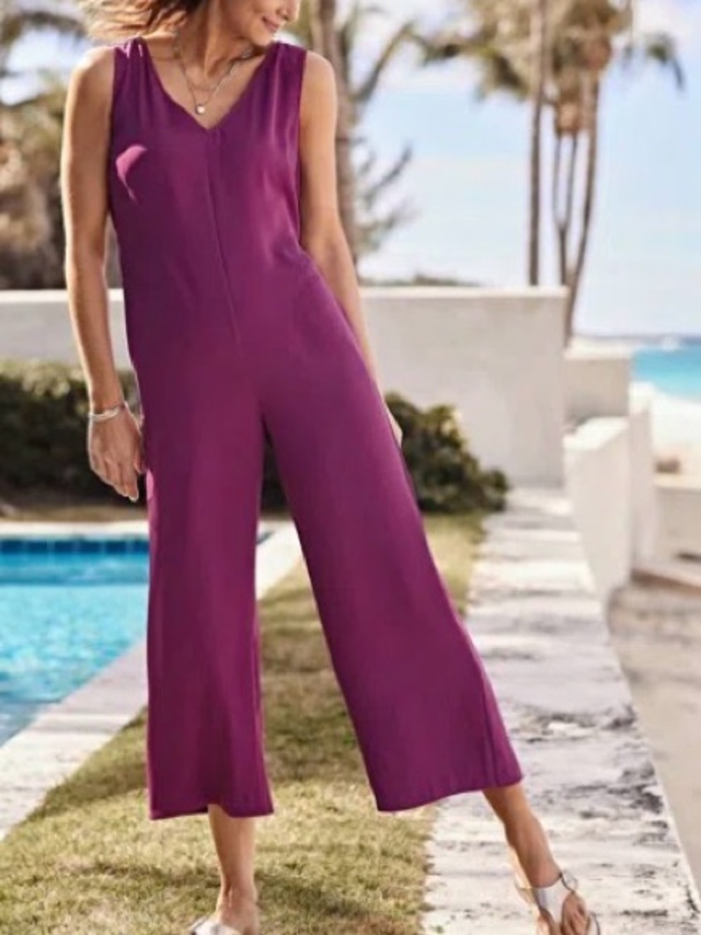 J.JILL Wearever Double V Neck Sleeveless Wide Leg Jumpsuit in Mulberry Purple MT